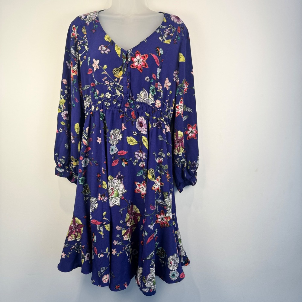Maeve Anthropologie Blue Floral Print Maplewood Long‎ Sleeve Dress XL